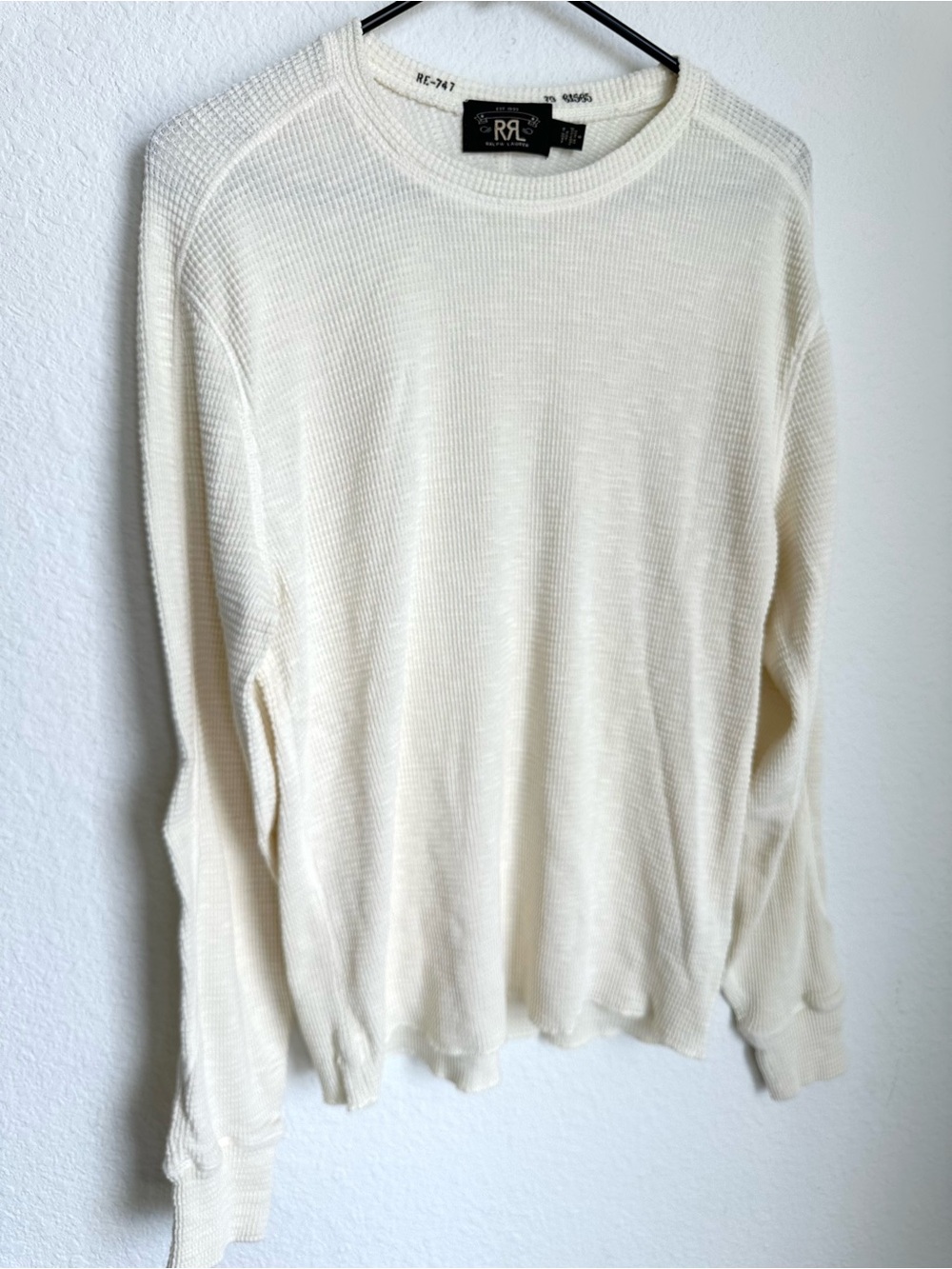 RRL Ralph Lauren textured Waffle-Knit Cream Long Sleeve Shirt Mens medium - Picture 8 of 13